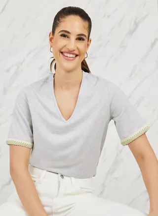 Regular Fit V Neck T-Shirt with Embroidered Hem Sleeves