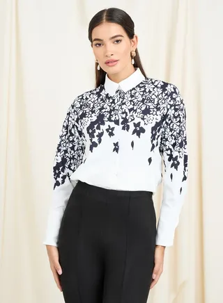 Oversized Floral Printed Curved Hem Shirt