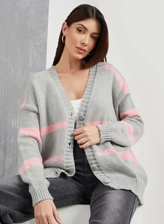 Oversized Striped Detail Button Up Cardigan