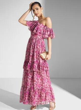 One Shoulder Side Slit Printed Dress