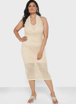 Stone Plus Size Halter Neck Crochet Midi Dress