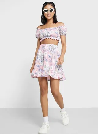 Bardot Style Printed Top And Skirt Set
