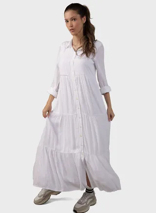 Button Detailed Puff Sleeve Shirt Dress
