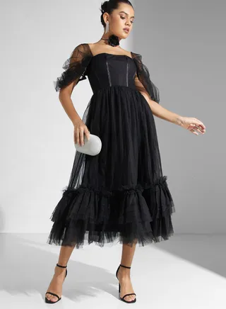 Square Neck Tiered Mesh Dress