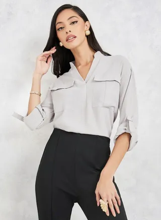 Pocket Detail Blouse with Roll Up Sleeves