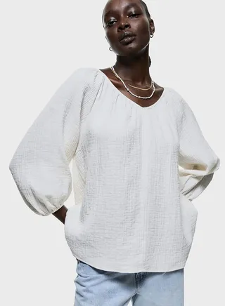 Puff Sleeve Crinkled Top
