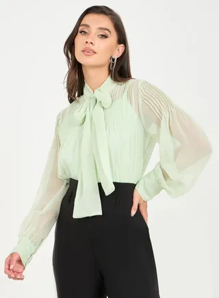 Tie Up Neck Pleat Detail Regular Fit Sheer Blouse