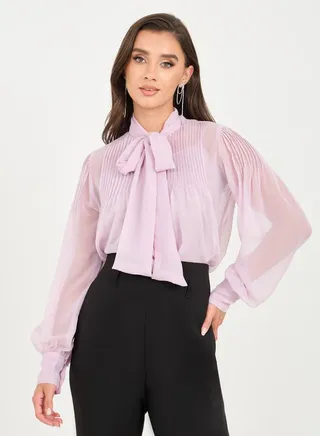 Tie Up Neck Pleat Detail Regular Fit Sheer Blouse