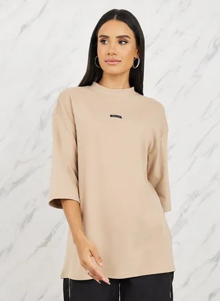 Oversized Patch Detail High Neck Longline T-Shirt with 3/4 Sleeves