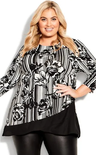 AVENUE | Women's Plus Size Simone Asymmetrical Print Tunic - black floral - 14W