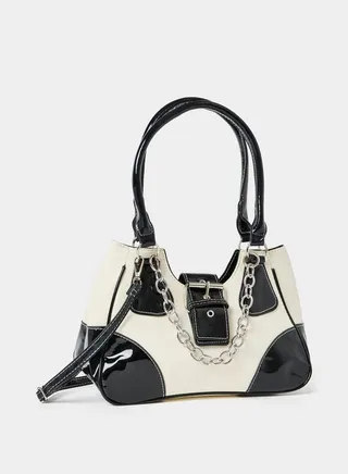 Colorblock Patent Bag with Chain Detail