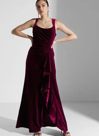 Square Neck Waterfall Trim Dress