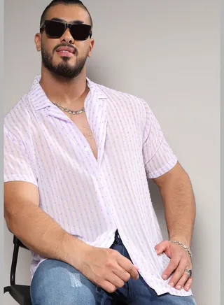 Striped Spread Collar Short Sleeve Shirt