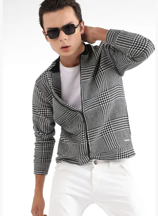 Checkered Low Stand-Up Collar Long Sleeve Jacket
