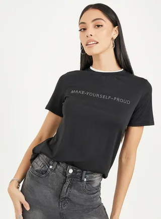 Regular Fit Embellished Slogan T-Shirt with Short Sleeves