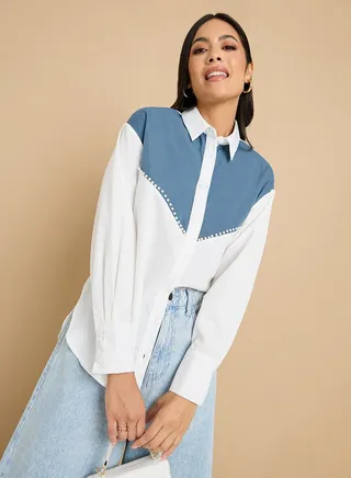 Colorblock Faux Pearl Panel Oversized Shirt