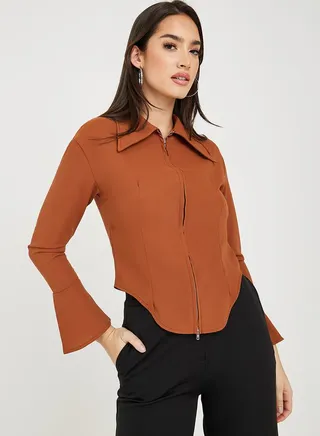 Zip-Through Crop Shirt with Curved Hem