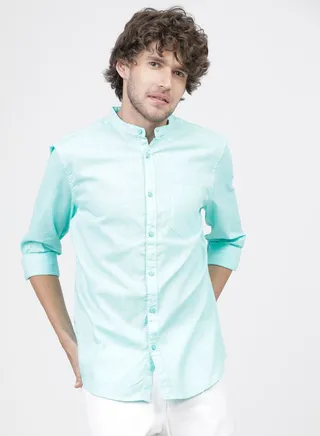 Solid Mandarin Collar Slim Fit Shirt with Long Sleeves
