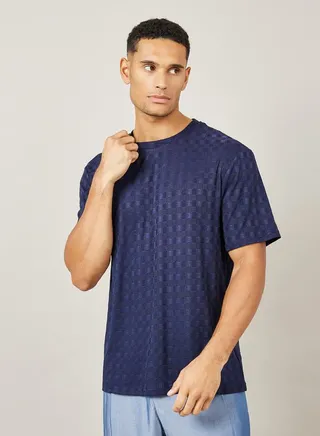 Premium Check Pattern Textured Knit Relaxed Fit T-Shirt