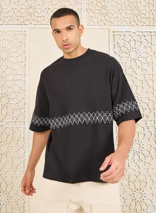 Premium Contrast Zigzag Embroidered Interlock Boxy Fit T-Shirt