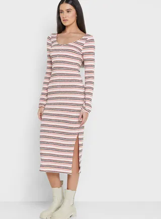 Striped Button Detail Bodycon Dress
