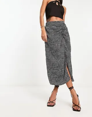 AX Paris ruched split front midi skirt in black and white polka dot