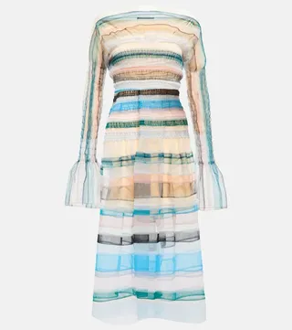 Striped shirred tulle midi dress