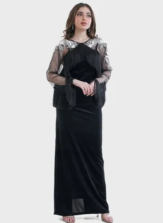 Embroidered Fringe Mesh Dress