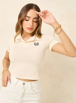 Embroidered Ribbed Fitted Crop Polo T-Shirt