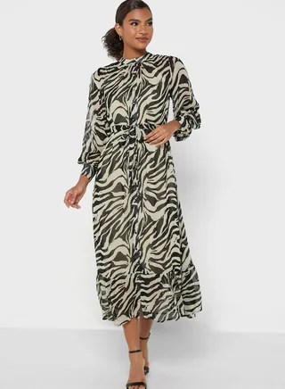 High Neck Printed Belt Detail Dress