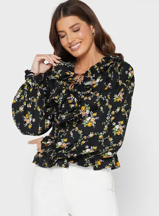 Floral Print Balloon Sleeve Ruffle Detail  Top