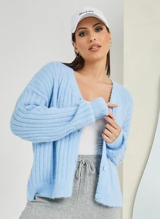 Short Length Fuzzy Knit Button Down Cardigan