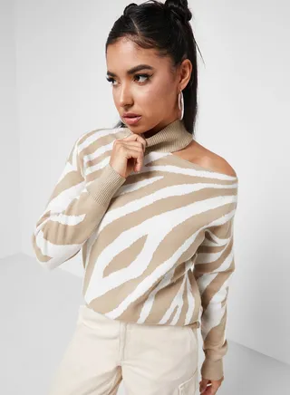 Animal Intarsia Sweater With Cold Shoulder