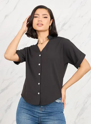 Collared V Neck Short Sleeve Shirt