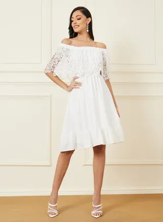 Schiffli Layer Off Shoulder A-Line Knee Length Dress