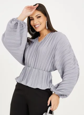 Pleated Balloon Sleeve Tie Up Blouse
