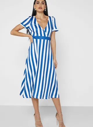 Plunge V Neck Striped Fit & Flare Dress