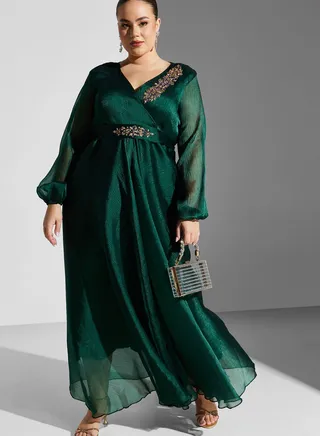 Surplice Neck Balloon Sleeve Embellished Dress