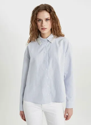 Oversize Fit Shirt Collar Oxford Long Sleeve Shirt