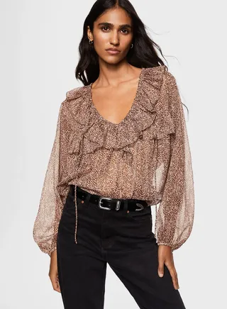 Printed Ruffle Neck Top