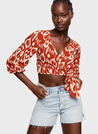 Surplice Neck Printed Puff Sleeve Crop Top