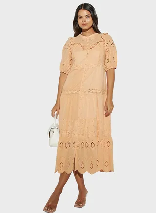 Open Work Button Detailed Tiered Dress