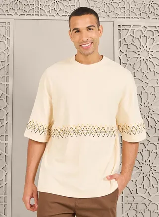 Premium Contrast Zigzag Embroidered Interlock Boxy Fit T-Shirt