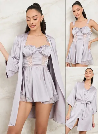 Pack of 2- Satin & Lace Tie Up Slipdress & Robe