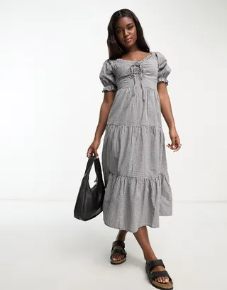 Influence milkmaid tiered midi dress in monochrome gingham