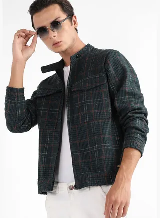 Checkered Biker Neck Long Sleeve Jacket