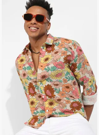 Printed Spread Collar Long Sleeve Shirt