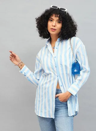 Oversized Button Front Striped Shirt