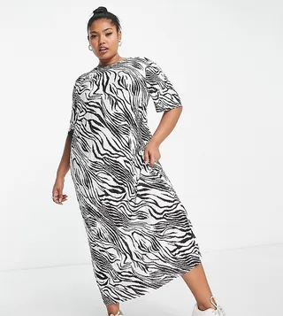 ASOS DESIGN Curve plisse T-shirt midi dress in mono zebra print