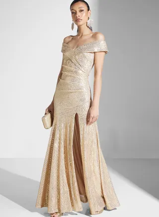Sequin Detail Side Slit Dress